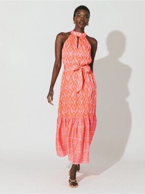 Cleobella Coral and Pink Halter Ikat Maxi Dress with Waist Tie